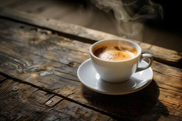 A cup of steaming coffee on an old wooden table.