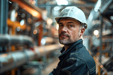 A man wearing a hard hat and safety glasses stands in front of a pipe