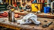 © Man888 - A crumpled, absorbent cloth wipe lies on a workbench amidst scattered tools and oil cans, evoking a sense of industriousness and hands-on labor.