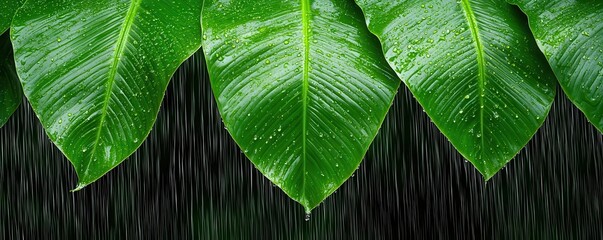 Rain cascading off large green leaves, with droplets suspended mid-air, capturing the beauty of nature's cycle, rain and leaves, nature s rain cycle