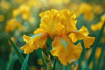 Wall Mural - Yellow Iris bloom among other irises in garden Nature Close up