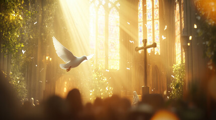 Canvas Print - A white dove flying in front of the cross, with warm sunlight shining through it. The background is church buildings and a beam illuminating them