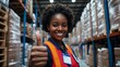 © Maria Mikhaylichenko - Enthusiastic warehouse worker gives thumbs up, showcasing positivity in logistics industry. Her bright smile and safety vest highlight job satisfaction and workplace safety.