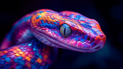 Abstract animal viper snake with colorful paint on skin and scales, bright colors