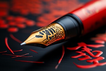 Japanese vermillion calligraphy brush strokes, captured in a photo that highlights the fluidity and precision of traditional Japanese art