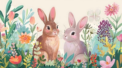 Sticker - Two cute rabbits surrounded by colorful flowers in a whimsical garden setting.