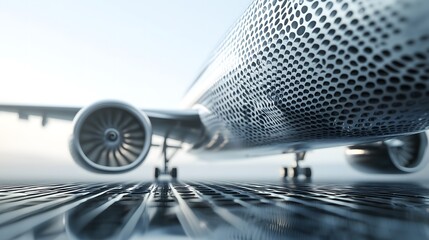 A close-up view of an aircraft engine showcasing its intricate design and modern technology on a runway.