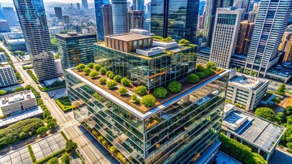 Aerial view of a modern high-rise building with sleek glass facade and rooftop gardens, surrounded by bustling cityscape, captured by a hovering drone camera.