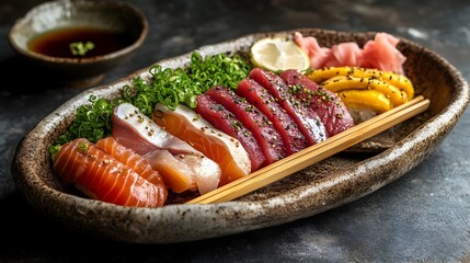 Rustic Sashimi Presentation in Handcrafted Ceramic Plate Blends Traditional and Culinary Elegance