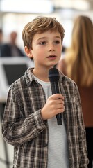 Young boy in plaid shirt confidently speaks into microphone during school presentation, showcasing public speaking skills and childhood development.