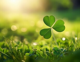 A four-leaf clover growing in a field of green.