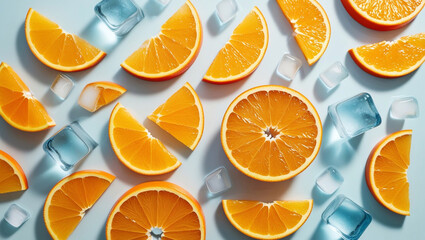 Wall Mural - Slices of juicy orange and ice cubes on light blue background, flat lay