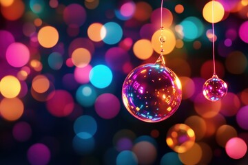 Aufkleber - Vibrant colorful bokeh with hanging glass ornaments, creating a festive and cheerful atmosphere perfect for holiday backgrounds and designs.