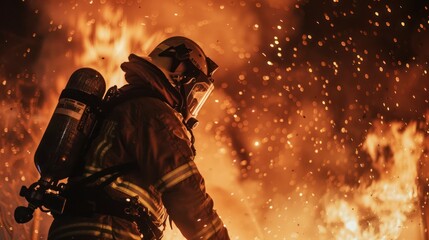 Firefighter in full gear battles a blazing fire at night, bravery and dedication. Intense flames and smoke fill the background. 