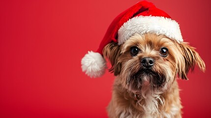 Sticker - A cute dog wearing a Santa hat against a red background, perfect for holiday-themed content.