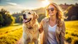 © Man888 - A joyful golden retriever and its owner stroll together on a sunny day, both wearing matching sunglasses, exuding happiness and companionship in the great outdoors.