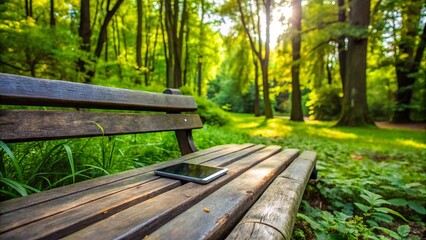 a lone smartphone lies abandoned on a weathered wooden bench amidst lush greenery and tall trees in a peaceful park setting.