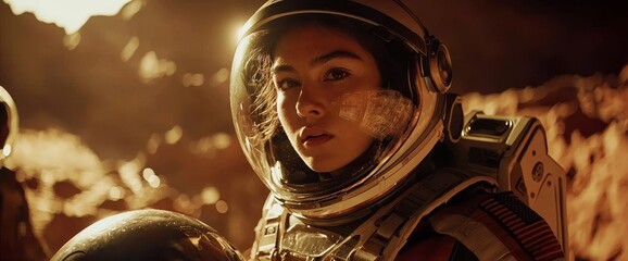 Wall Mural - Astronaut checks her hud on the surface of the planet while exploring the surface, Mars colonization concept. A Caucasian female astronaut.