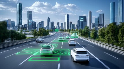 Aufkleber - Concept of autonomous car sensor system for driverless-mode car control. Future adaptive cruise control capable of sensing nearby vehicles and pedestrians. Smart transportation technology.