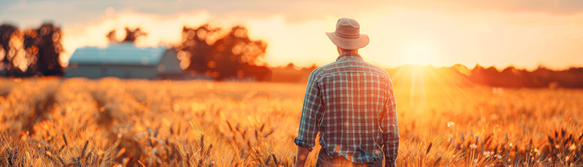 Poster - A man in a plaid shirt stands in a field of tall grass