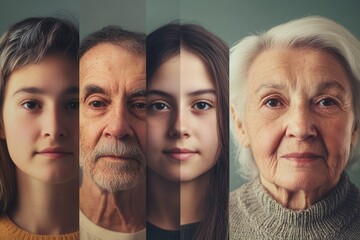 Aufkleber - Four distinct faces represent different generations, displaying changes in features and expressions, all set against a muted backdrop in gentle light. Generative AI