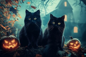 Two black cats sit beside jack-o'-lanterns in front of a spooky haunted house under a dark, moody sky.