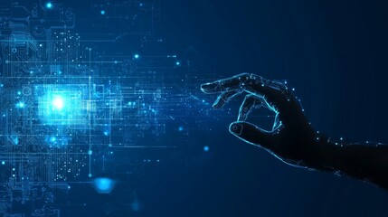 Leinwandbilder - The hand touch digital interface on a futuristic computer screen illustrates the concept of a virtual computer screen display or cyber communication hologram on a virtual reality cyberspace