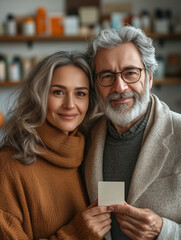 Cheerful elderly couple holding a blank box medications package while standing in a cozy shop filled with beauty products during late afternoon hours