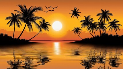 Poster - At sunrise or sunset, a silhouette of palm trees can be seen in the tropical landscape