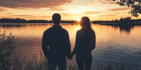 a couple holding hands by the lake, silhouetted against a beautiful sunset, capturing love and conne