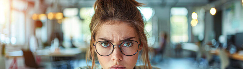 A woman with glasses and a ponytail is looking at the camera with a frown