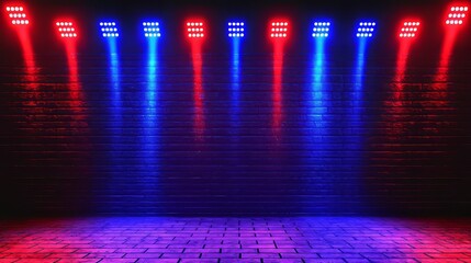Poster - The neon light is on a brick wall that is not plastered. The background is red and blue neon.