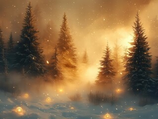 Wall Mural - enchanted winter forest bathed in soft golden light with snowdusted evergreens and floating orbs of warm glowing magic illuminating the misty air