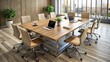 © Man888 - A modern, minimalist wooden conference table with sleek metal legs, surrounded by empty chairs and adorned with scattered notebooks, pens, and a single laptop.