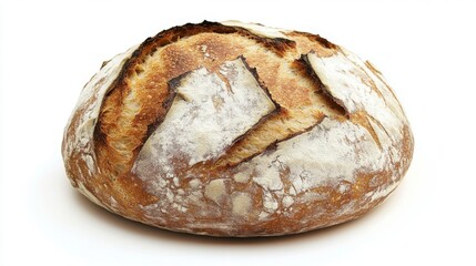 Wall Mural - A crusty sourdough bread with a rustic look, placed on a white background, emphasizing the natural, homemade appeal of traditional baking