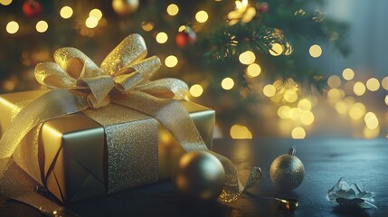 Poster - Decorative gift box on a table with a blurry Christmas tree and golden festive bokeh light background