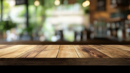 Fototapete - This background image shows an empty wooden table inside a coffee shop or restaurant. It can be used to show products or to create montage shots.