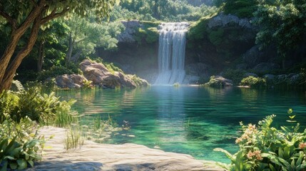 Sticker - Tranquil Waterfall in a Lush Jungle