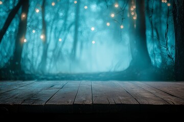 Canvas Print - An evening foggy park background with a wooden table