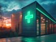 © zphoto83 - Modern pharmacy exterior with glowing green cross sign at dusk in an urban setting, showcasing a wide array of medications and products inside