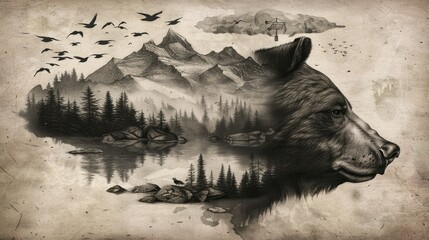 Wall Mural - A bear's head profile with mountains