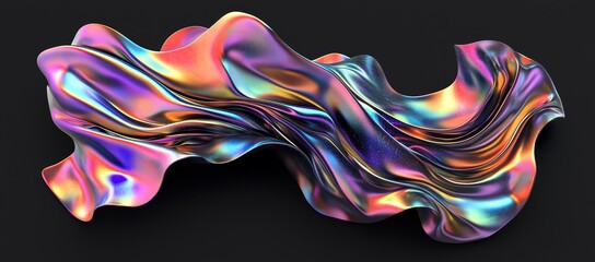 Leinwandbilder - An iridescent wavy melted substance on a black background with a bold, holographic liquid blob shape.