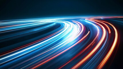 Fototapete - Stock data transfer simulation blue to red lights with speed light lines on a dark background