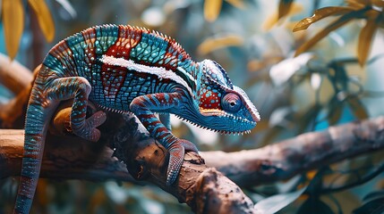 Poster - A vibrant chameleon perched on a branch amidst lush foliage, showcasing its colorful scales.