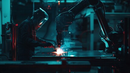 Wall Mural - An engineer team mechanic uses a robotic arm for welding steel in a steel factory workshop Industrial robot programming software for automated manufacturing technology: Stockwood