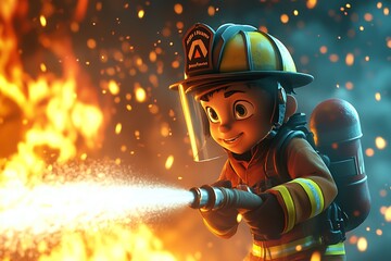 Courageous Firefighter Cartoon Character in Action with Water Hose - 3D Render Amid Fire and Smoke