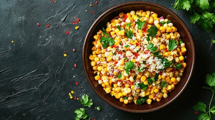 Wall Mural - Top view of a bowl of esquites, corn salad with cheese, space for text