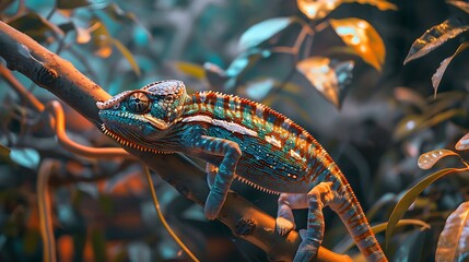 Poster - A vibrant chameleon resting on a branch amidst lush foliage, showcasing its colorful skin and unique features.