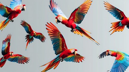 Canvas Print - A vibrant display of colorful parrots in flight, showcasing their stunning feathers and dynamic movement.