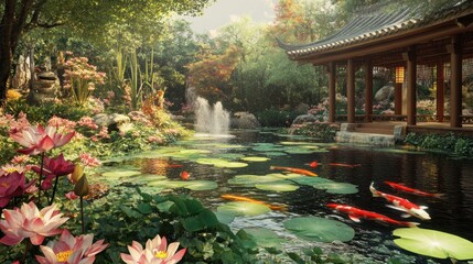 Sticker - Serene Koi Pond in a Tranquil Garden